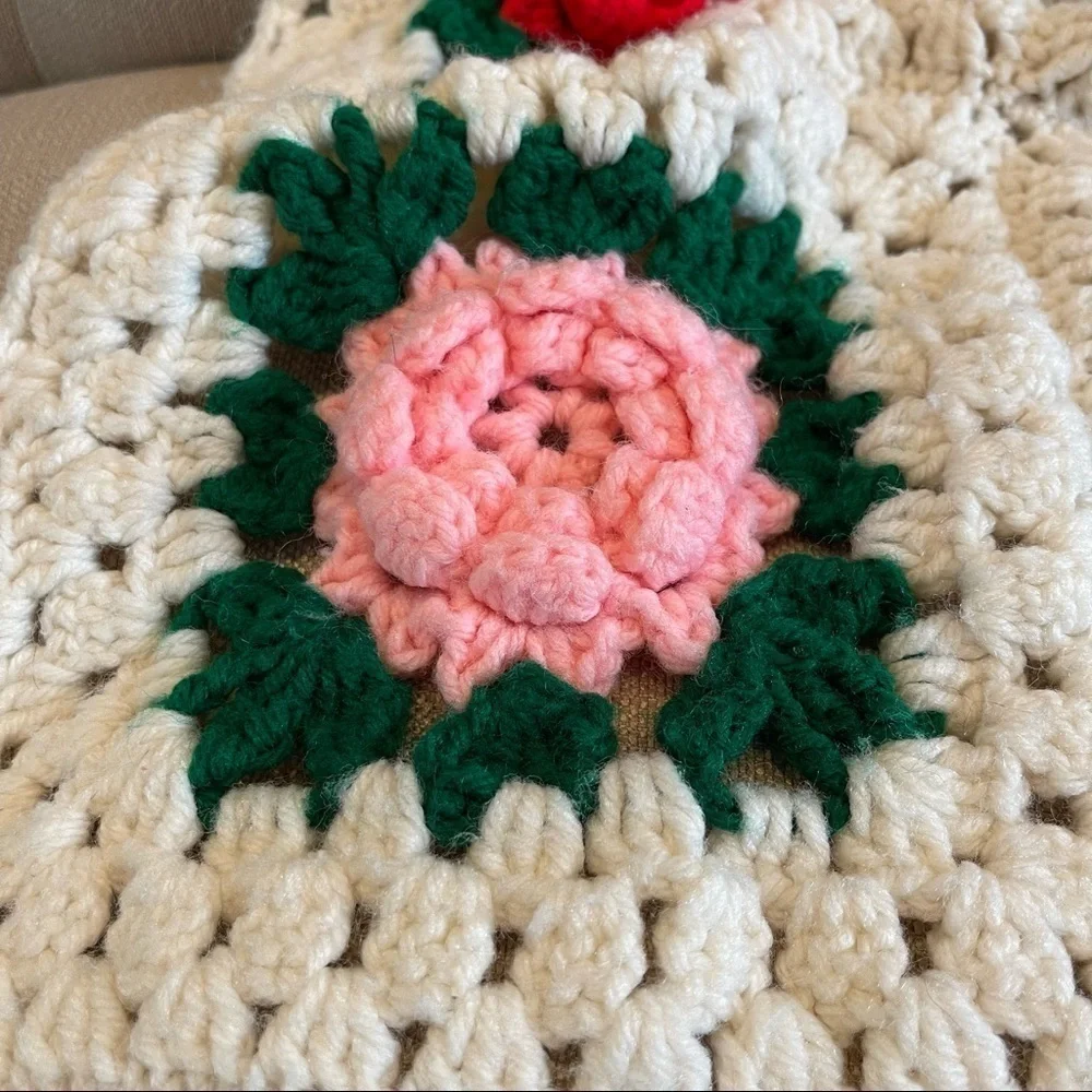 Handmade Crochet 3-D Flower Throw Blanket
